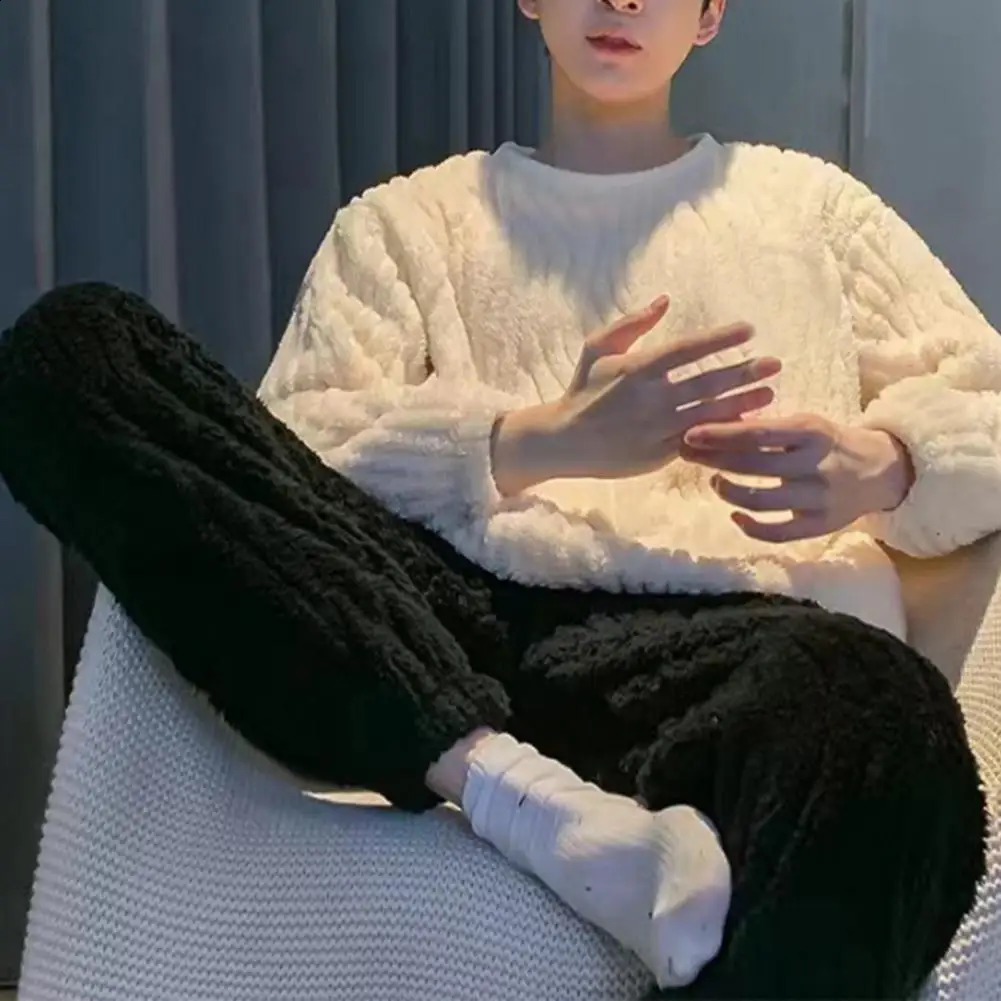 Men Pajama Pants Set Flannel Soft Solid Color Round Neck Top Suit Touch Comfortable Long Sleeve Pullover 240905