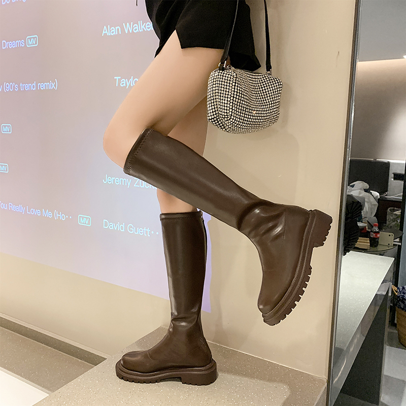 Casual Women Beige Brown Low Heels Knee Thigh High Soft Leather Platform Cowboy Winter Designer Punk Long Boots 35-42