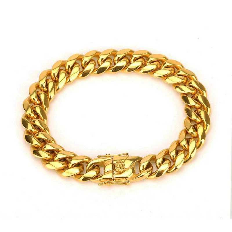 18K Gold Plated Stainless Steel Miami Curb Cuban Chain Link Bracelet Casting Clasp Hip hop Men Jewelry PromotionX240913
