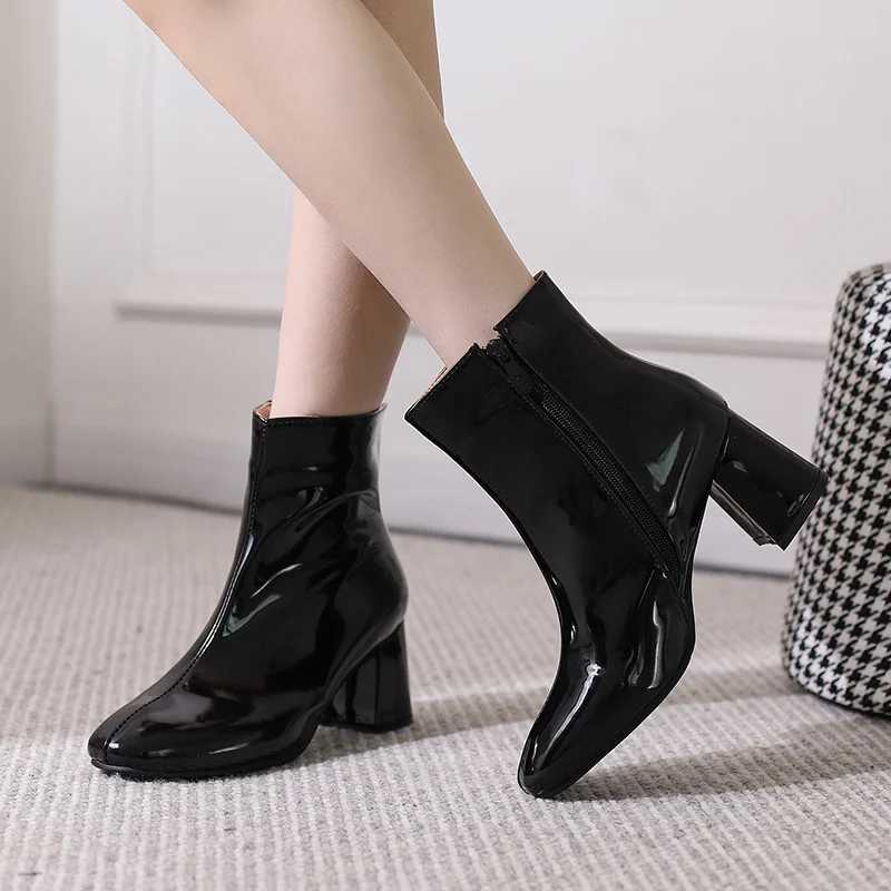 Shiny Smooth Patent Leather Ankle Boots Women High Block Heels Red Blue Green Yellow Dress Office Lady Winter Plush Short Boots M240912