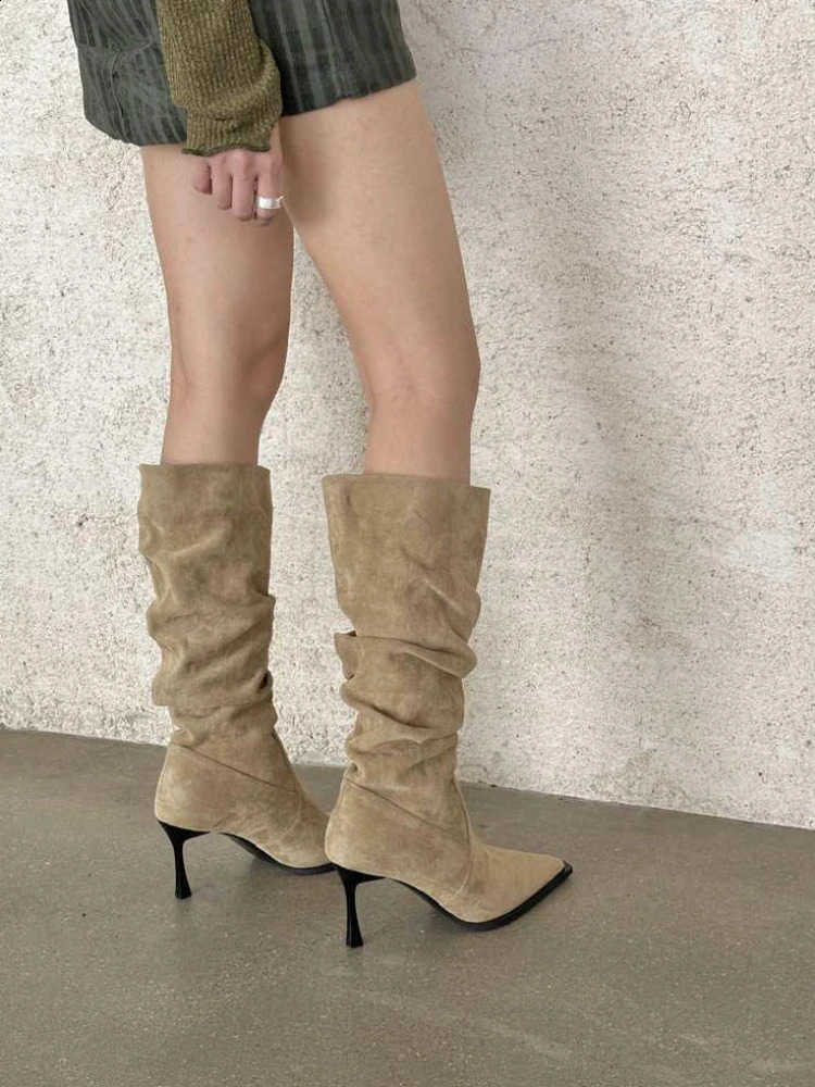 Womens Boots Winter Knee High Shaft Heels Footwear Long Shoes for Woman Elegant Heeled Elastic Pointed Toe Goth in Y2k Rock 240910