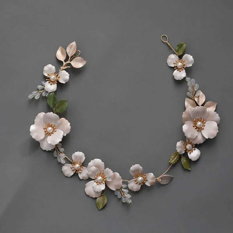 SLBRIDAL Handmade Ins Style Alloy Green Leaf Crystal Rhinestone Pearls Bridal Headband Wedding Headdress Hair Accessories WomenX240913