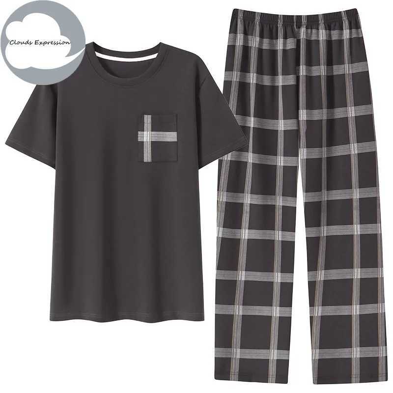 Summer Knitted Plaid Cool Mens Pyjamas Pajama Sets Casual Pjs Lounge Masculine Sleepwear Nightwear Pijamas 3XL Homewear Fashion Y240913