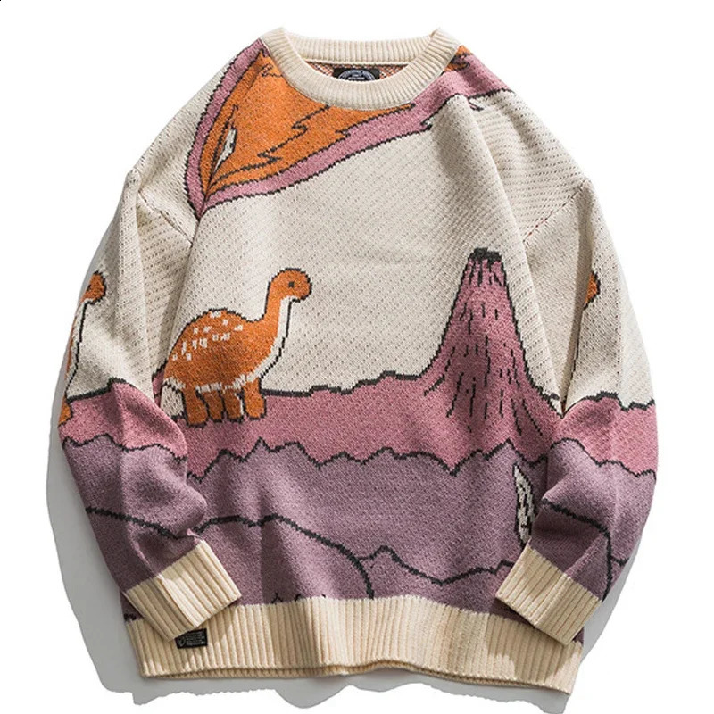 Harajuku Cartoon Dinosaur Knitted Sweater Mens Winter Womens Retro Floral Casual Japanese Street Clothing Unisex 240906