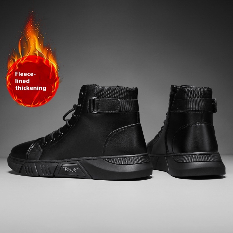 Winter New Cotton Shoes, Men's Lace up High Top Martin Boots, Youth Fashion Plush Insulation, Thick Sole Outdoor Leather Boots