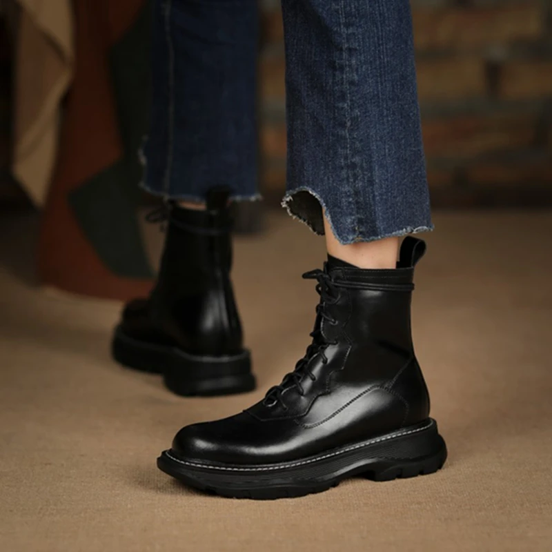 Round Winter Toe Chunky Heel Genuine Leather for Warm Wool Snow Boots Zipper Platform Shoes Women 860b Platm