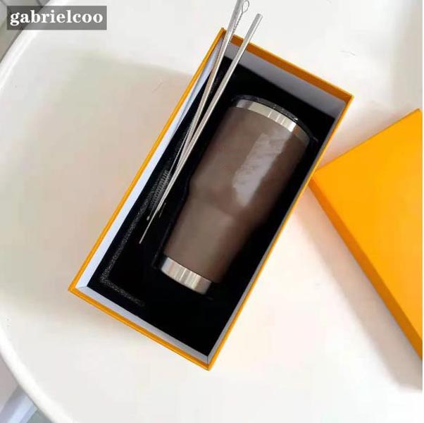 Designer Straw Cup Steel Double Cup Classic Printed Portable Water Cup Car Cup Home Milk Tea Coffee Insulation Cup Gift Box Tumblers