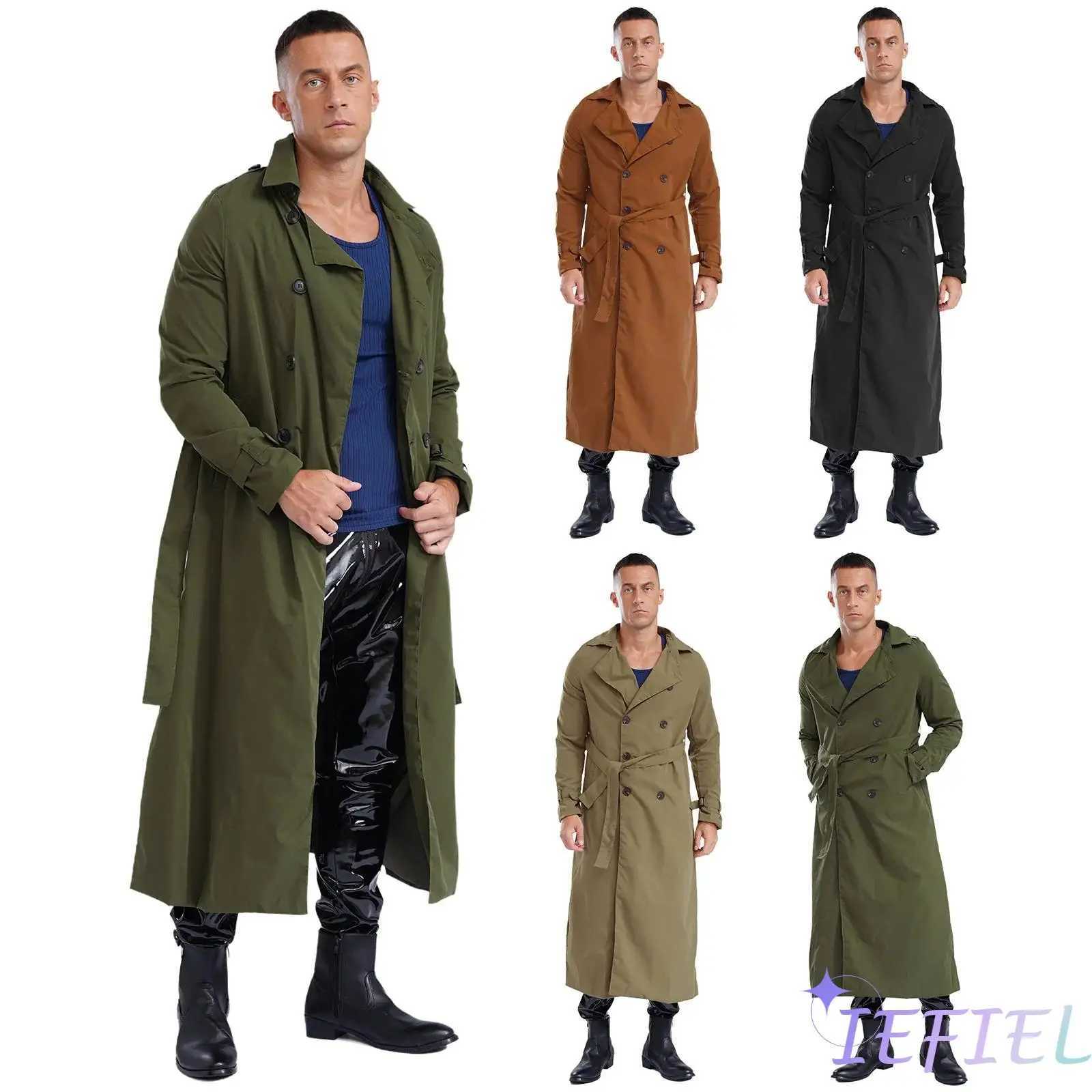 men Motorcycle long jacket double-breasted trench coat Outerwear daily casual wear Long Sleeve Jacket Overcoat with Belt Y240913