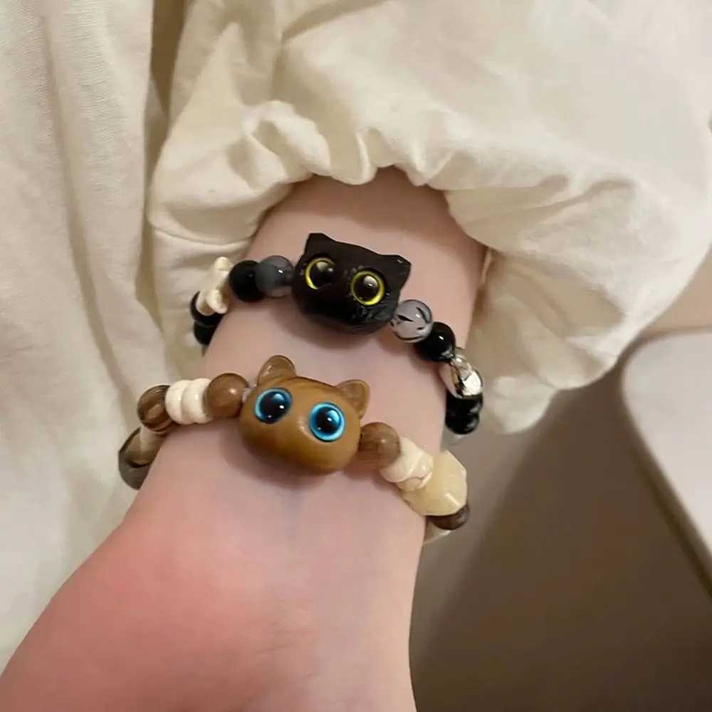 New Chinese Style Black Cat Bracelet Wooden Hand Rope Cartoon Bracelet Glass Jewelry Accessories Handmade Bead Bracelet for Girls W240913