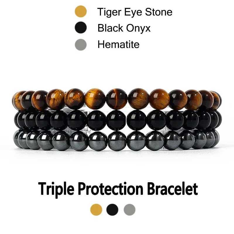 Kirykle Natural Stone Bracelet Set 3 pieces/set Obsidian Hematite Tiger Eye Beads Mens Health Protection Soul Jewelry Bracelet W240913