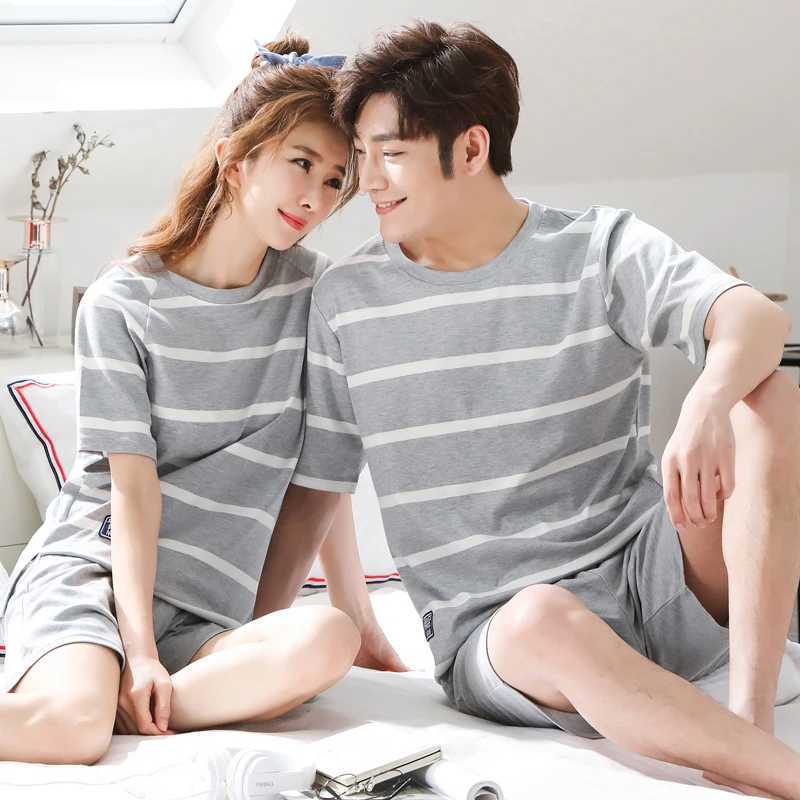 Couple Nightwear Suit Summer Sweet Short Sleeve Pajamas Striped Casual Homewear Men Big Yards M-3XL Cotton Pijamas Mujer Y240913