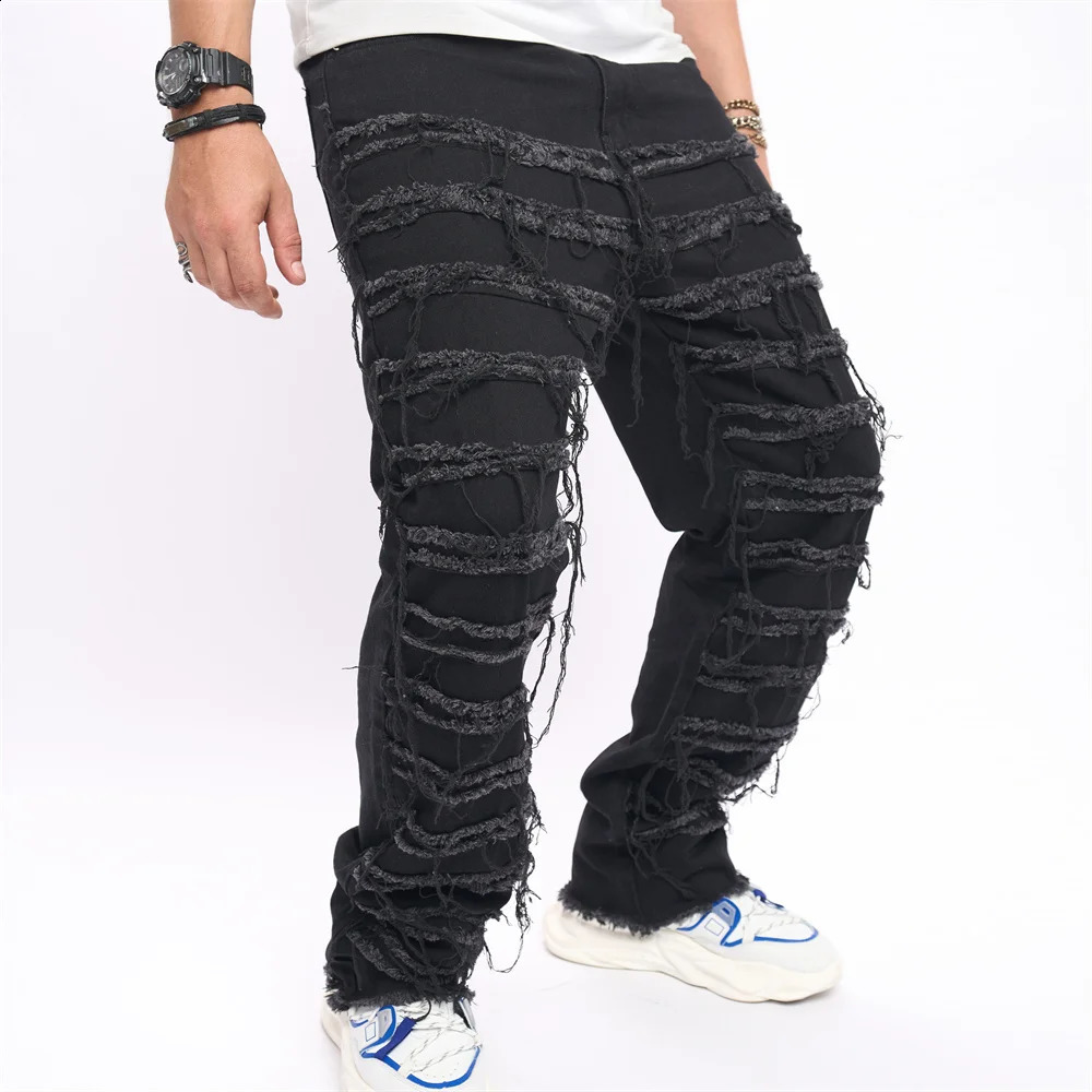 Mens HipHop Stacked Spliced Biker Jeans Stylish Men Street Loose Cotton Solid Male Straight Denim Pants 240912