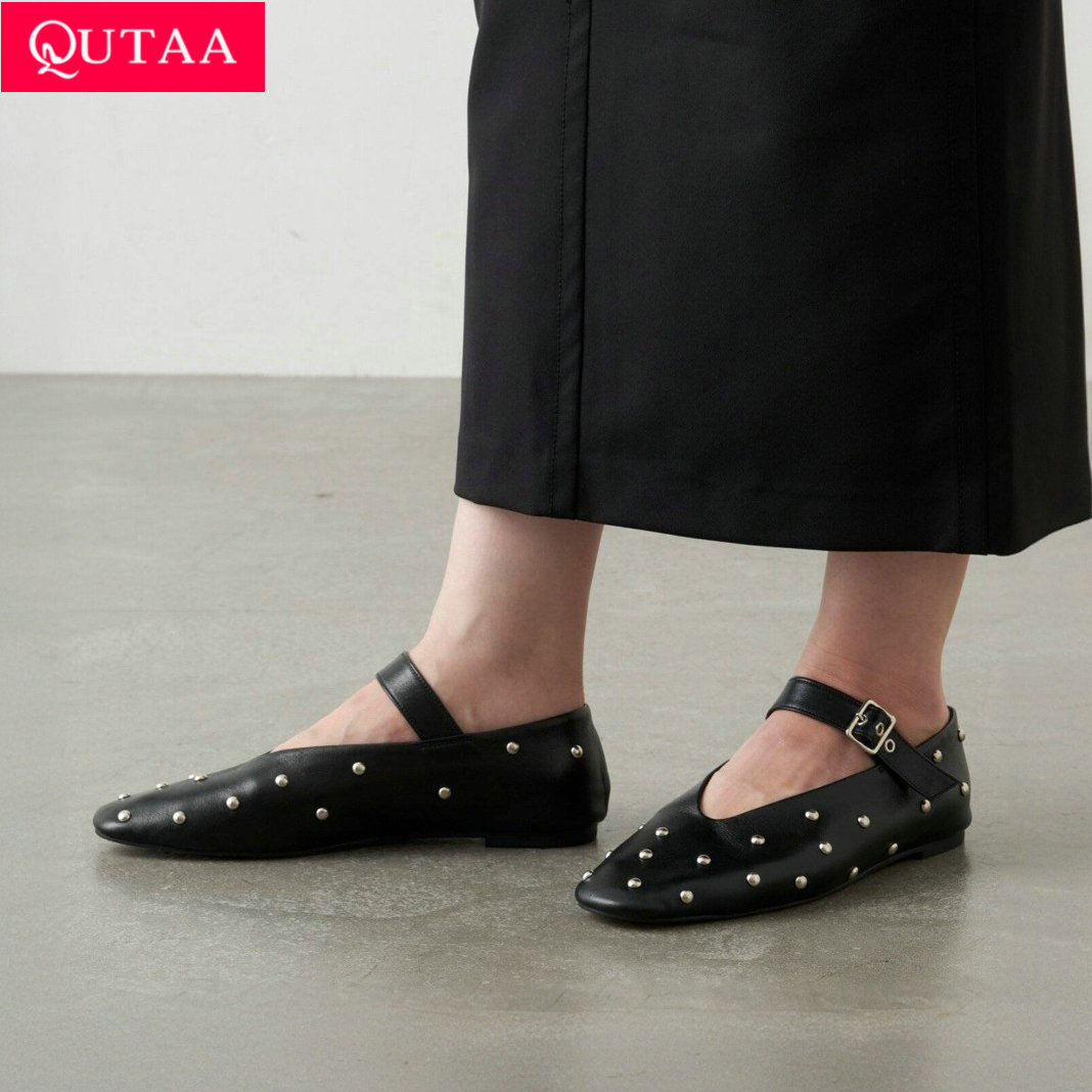 QUTAA 2024 Women Flats Fashion Crystal Buckle Strap Shoes Woman Genuine Leather Round Toe Mary Janes Spring Summer Size 34-43