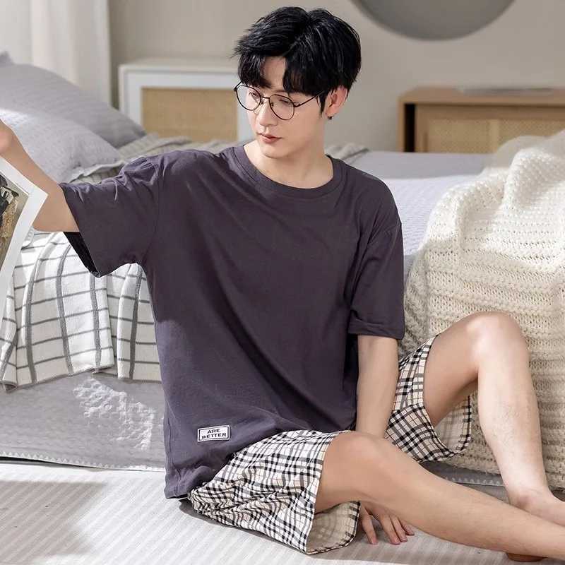 Korean Cotton Mens Loungewear 2 Pieces Set Pajamas Set Short Sleeves Sleeping Tops Pants Sleepwear Summer Casual Homewear Y240913