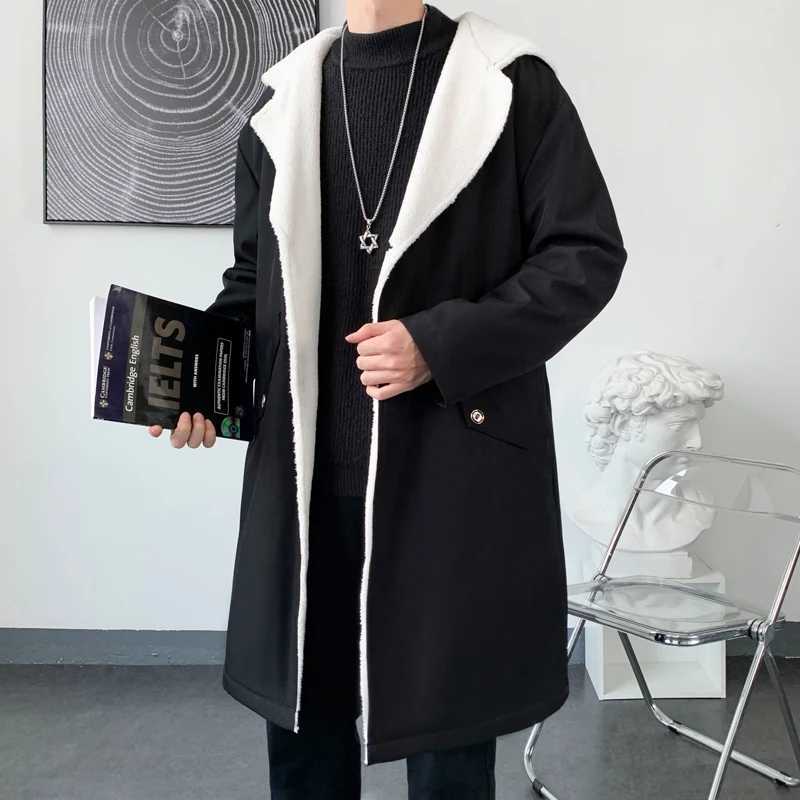 Mens Windbreaker Long Fleece Trench Coat Harajuku Mid-Length Casual Hip Hop Hooded Outwear Streetwear Overcoats Y240913