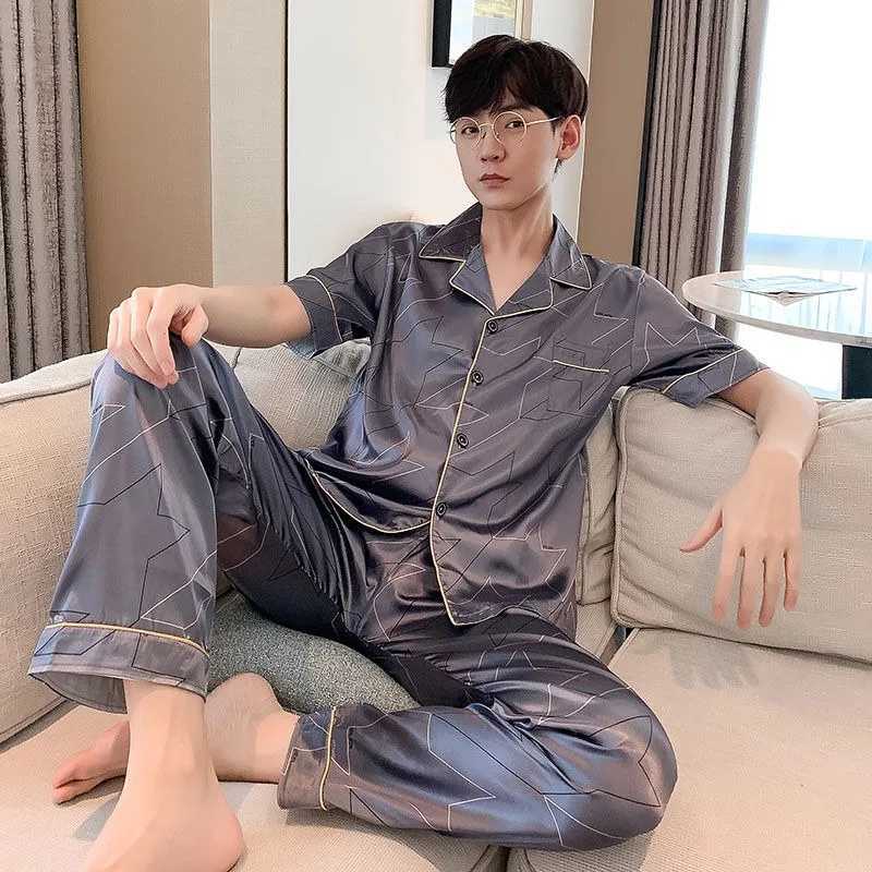 Large 5XL Men Underwear 2Piece Set Spring Pyjamas Short Sleeve Trousers Suit Casual Home Wear Silk Boy Pajama Leisure Sleepwear Y240913