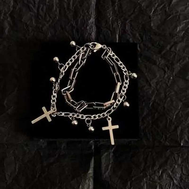Gothic Hip Hop Metal Cross Pendant Charm Bracelet for Women Female Beads 2 Layering Linked Chain Bracelets Cool Jewelry GiftX240913