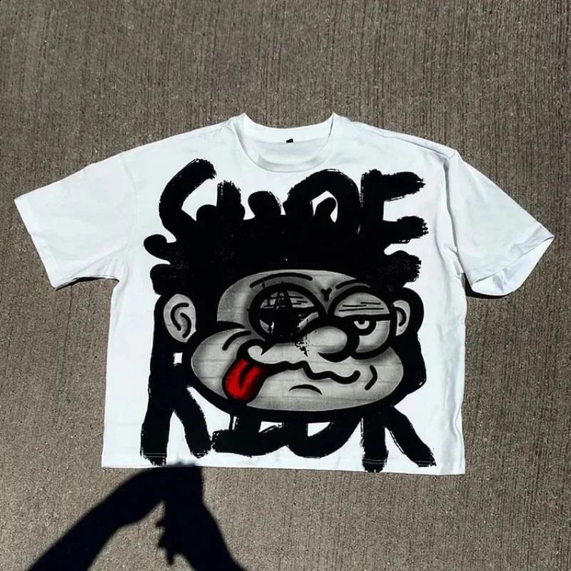 Y2K summer short sleeved retro oversized T-shirt womens retro top retro big face graphic print 100% pure cotton T-shirt mens 240912