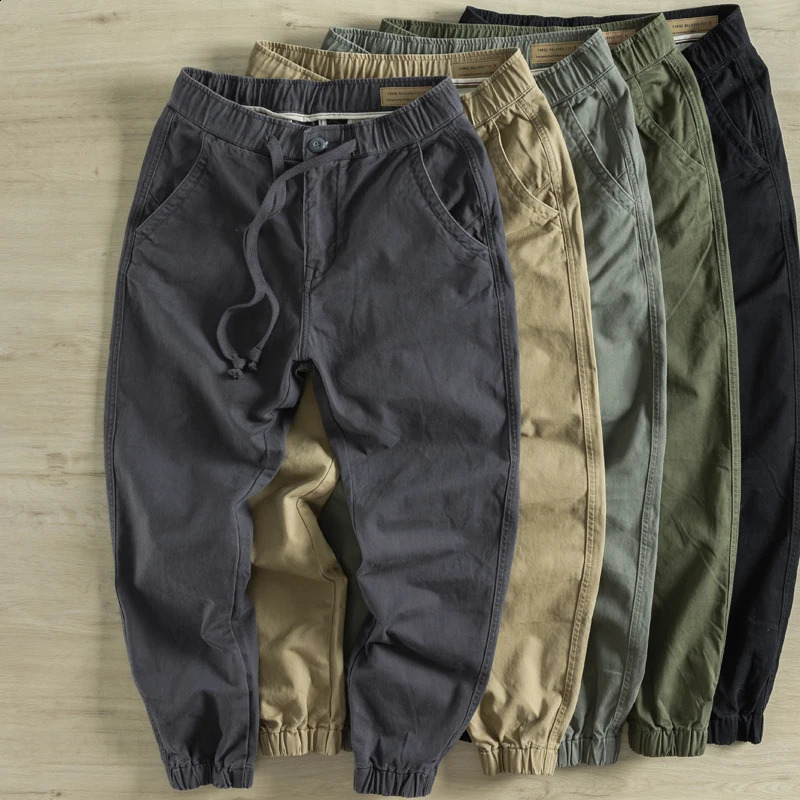 Heavy Weight 100% Cotton Mens AutumnSpring Jogger Pants Retro Solid Color Casual Fashion Loose Cargo 240904