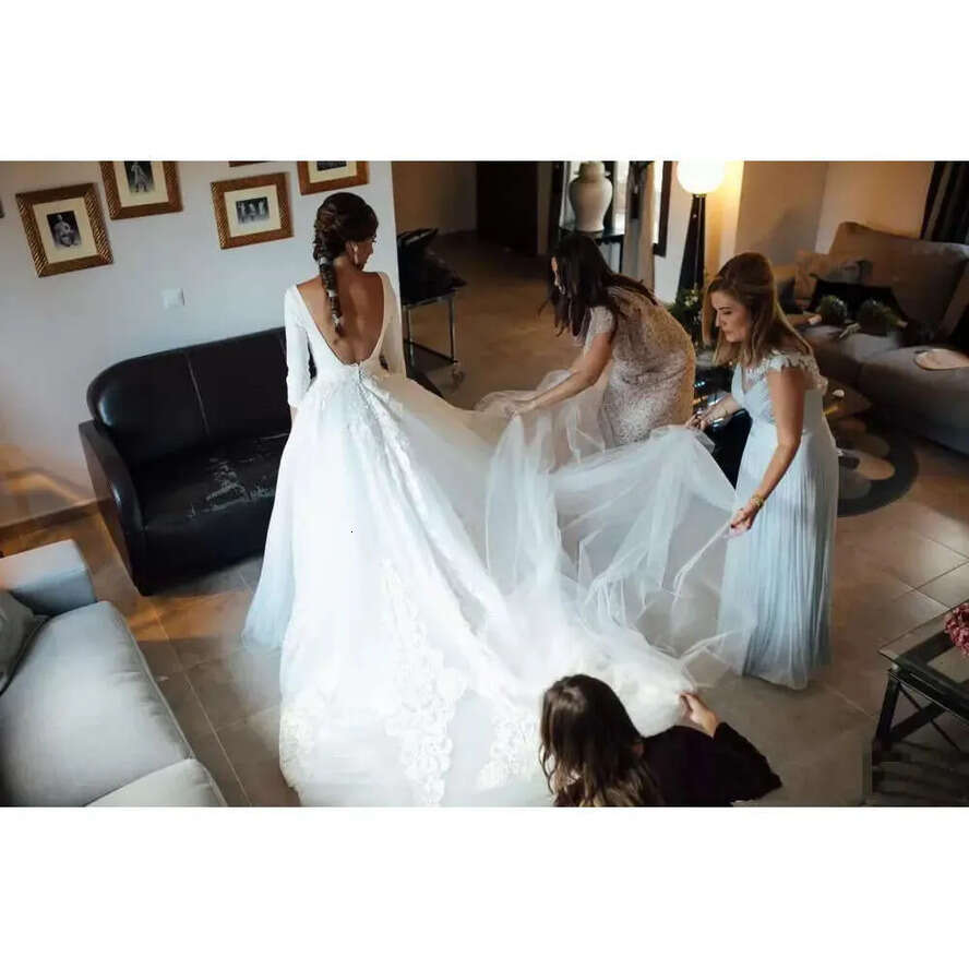 Gown Wdding 3/4 Backlss Drsss Bridal With Long Ss A Lac Appliqu Swp Train Satin Custom Mad Scoop Nck Tull Plus Siz Vstido D Novia ppliqu