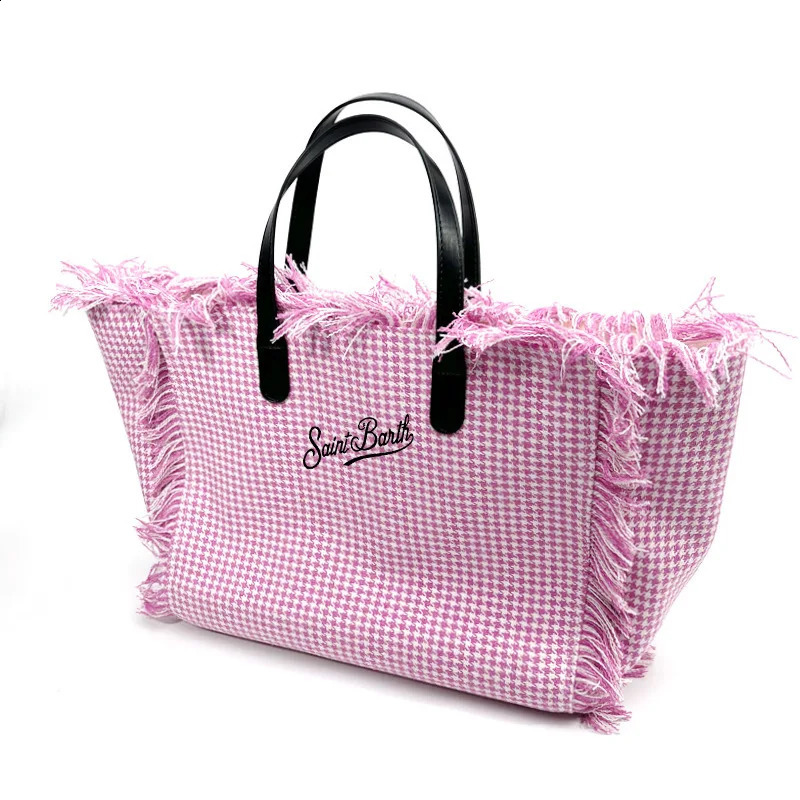 Fashionable Embroidered Letter Tassel Canvas Handbag Summer Beach Womens Bag Large Capacity Commuting Handbag Shopping Bag 240907