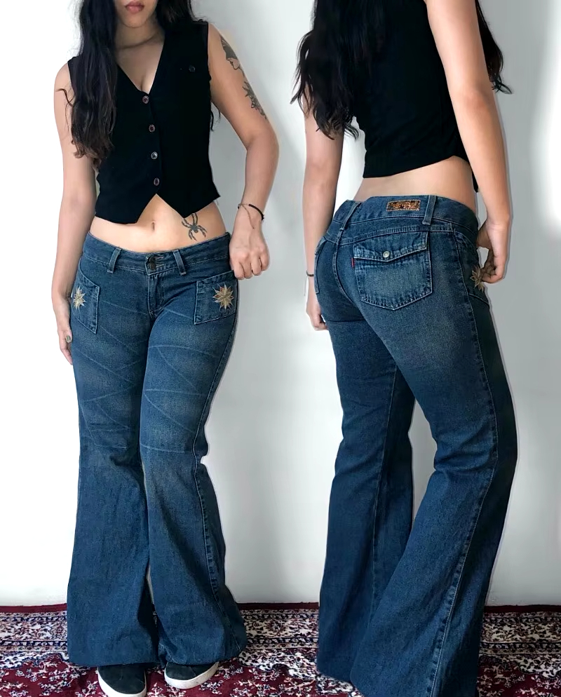 Y2K Fashion Trend New Blue Flower Embroidered Baggy Bell Bottoms Women Street Vintage Hip Hop Popular Casual High Waisted Jeans