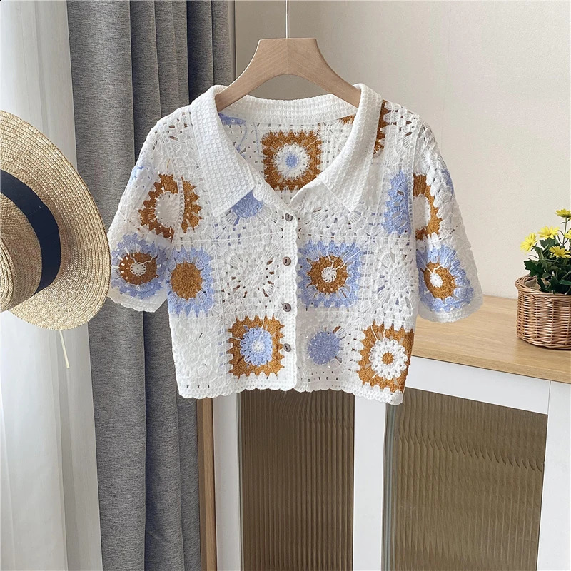 Granny Square Crochet Buttonup Top Short Sleeve Sheer Openknit Crop Cardigan for Women Teengirl Fairycore Vintage Outfit 240910
