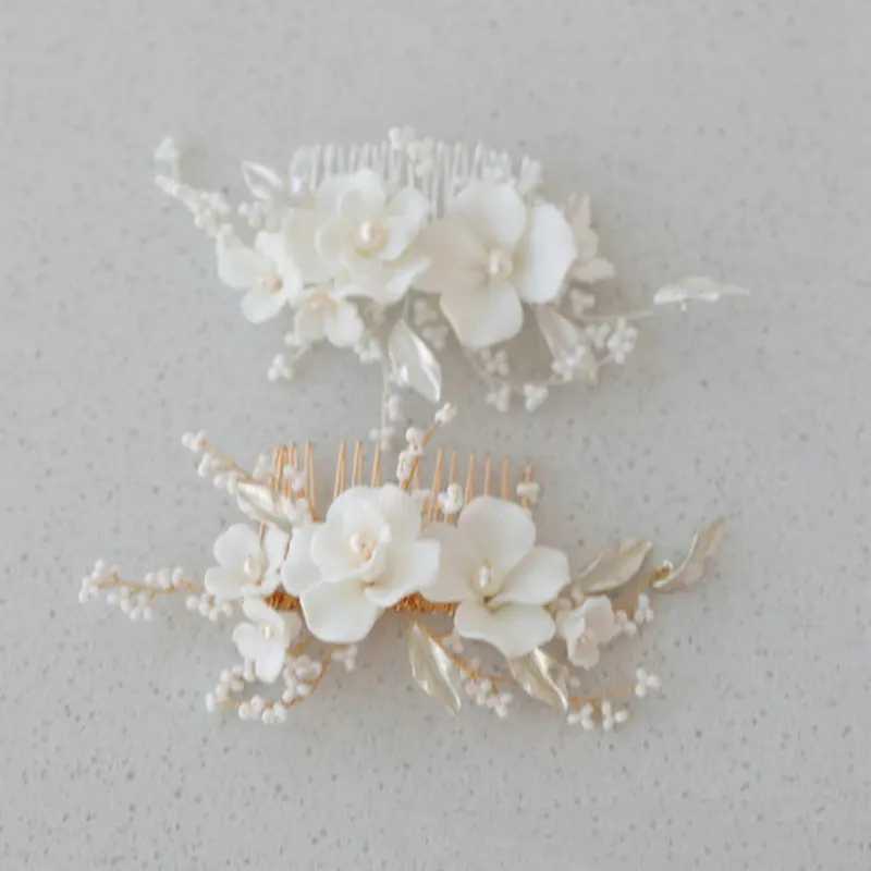 Handmade White Ceramic Flower Hair Comb For Bridal Exquisite Gold Color Leaf Pearl Wedding Tiara Accessories Prom JewelryX240913