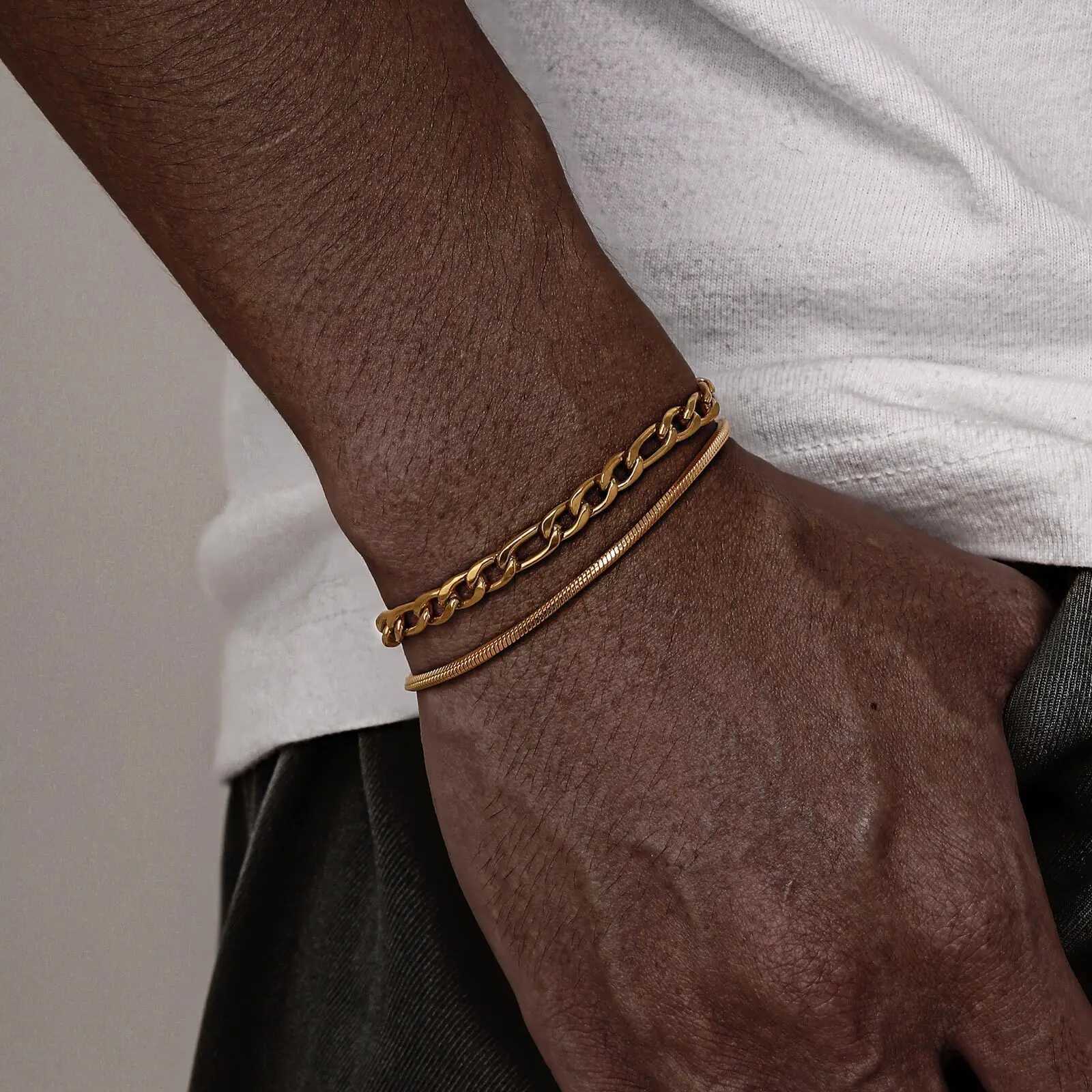 Vnox Cuban Link Chain Bracelets for Men Boys Black Gold Color Stainless Steel Figaro Snake Chain Wristband Stacked BraceletsX240913