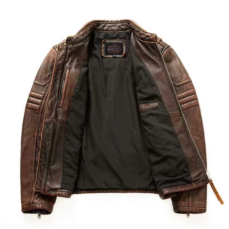 Top-Quality Cowhide Genuine Leather Jacket Mens Fashion Retro Old Collar Biker Jacket Spring And Autumn New StyleX240913