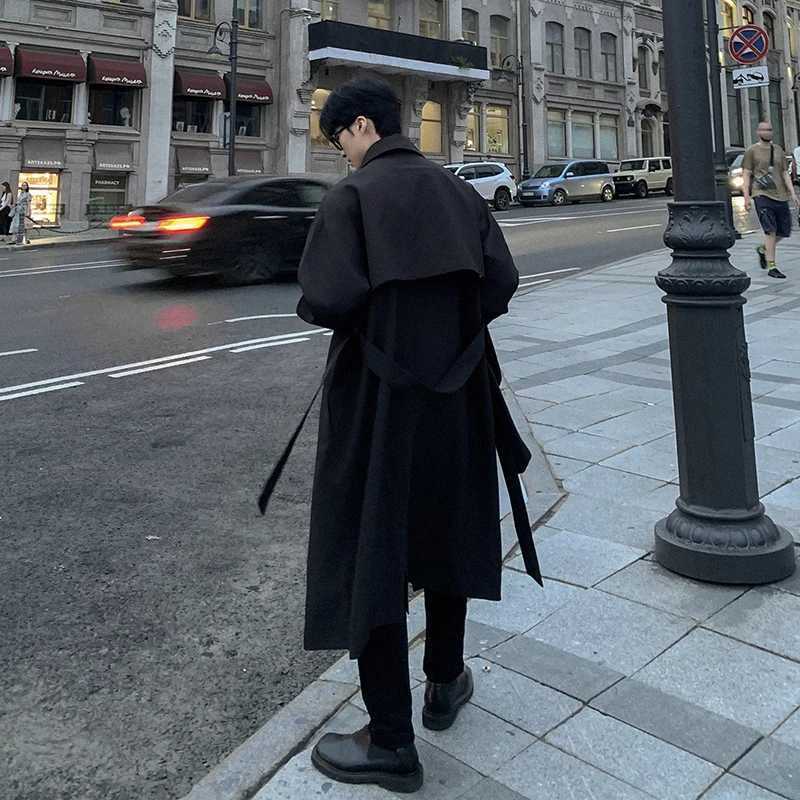 FEWQ Mens Long Over Knee Windbreaker Coat Double Breasted Solid Color 2024 Korea Fashion Long Sleeve Male Trench 24E2055 Y240913