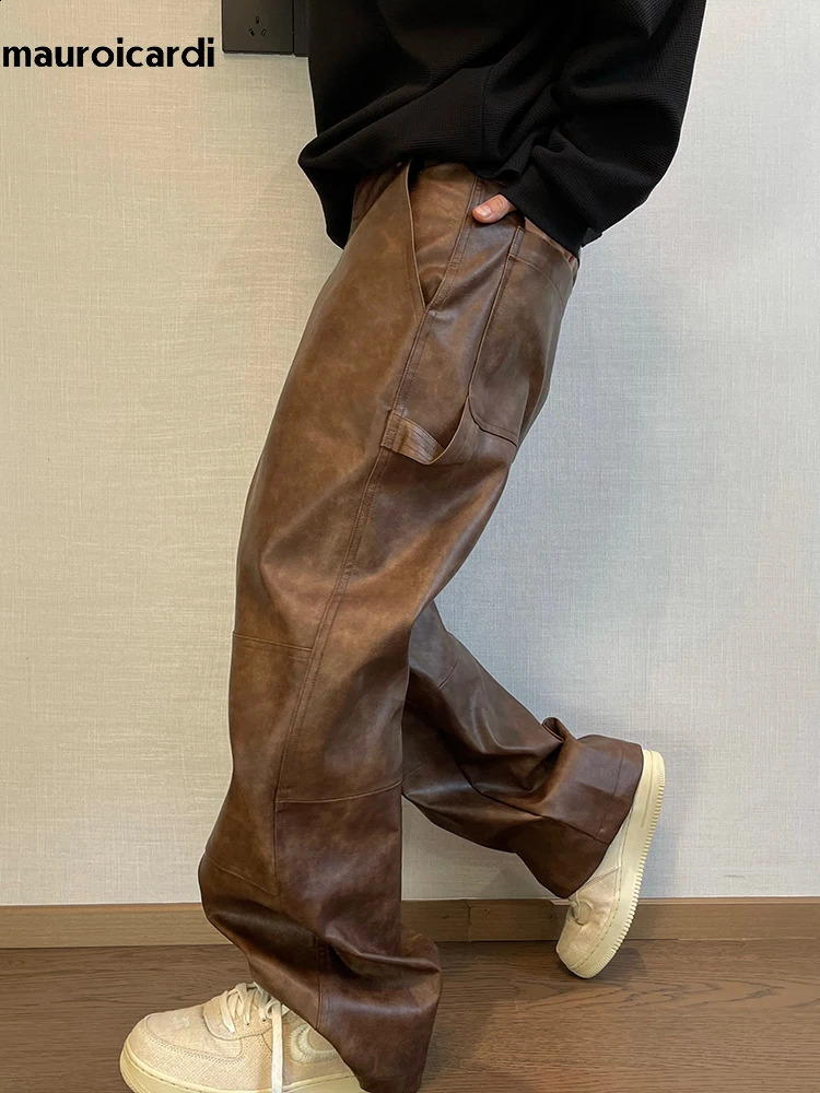 Mauroicardi Autumn Long Retro Cool Baggy Distressed Washed Brown Soft Pu Leather Wide Leg Pants for Men Clothes 240911