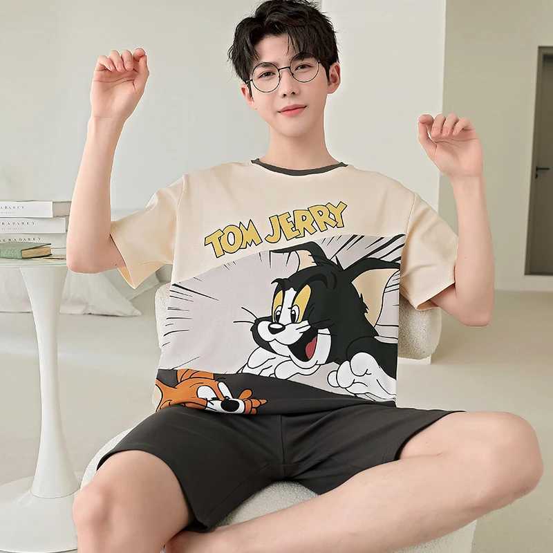 2024 Summer Mens Sleepwear Cotton Cartoon Pajamas Sets For Man Short Loungewear Young Home Wear Fasion Student Pyjama Set Homme Y240913