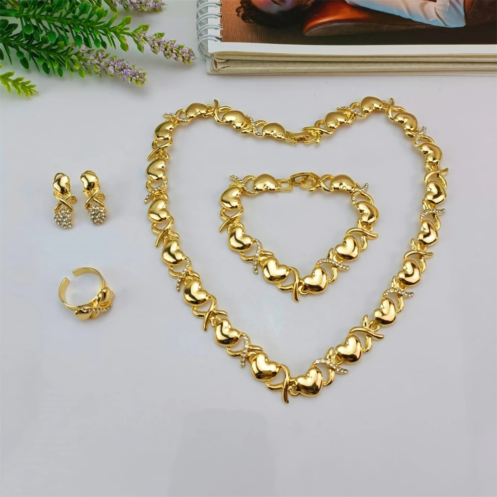 EMMA Womens XOXO Jewelry Set Gold Plated Heart shaped Necklace Bridal rhinestone Wedding Necklace Earrings Bracelet Ring Set Gift 240913