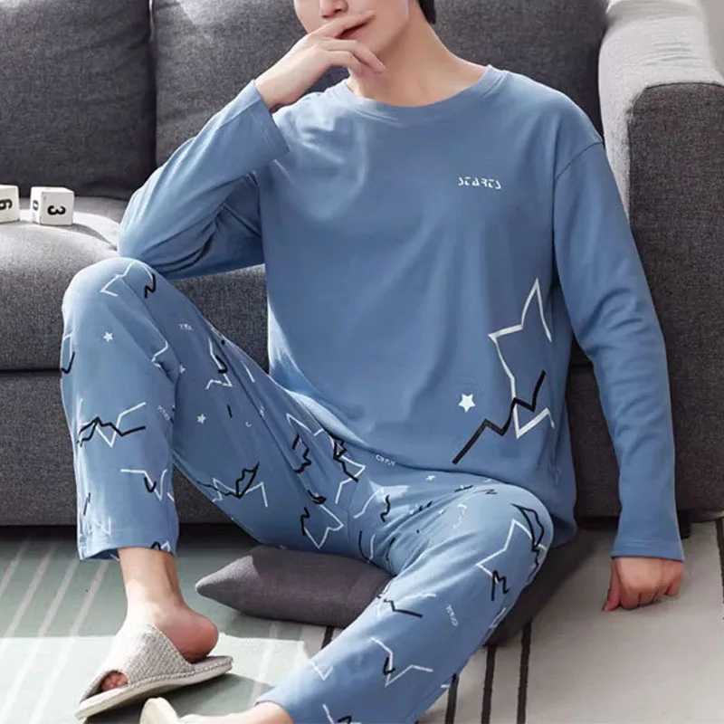 2PCS/Set Large Size Xl Men Pajamas Round Neck Long Sleeve Long Trousers Casual Cotton Homewear Easy to Clean School Pajamas Mam Y240913