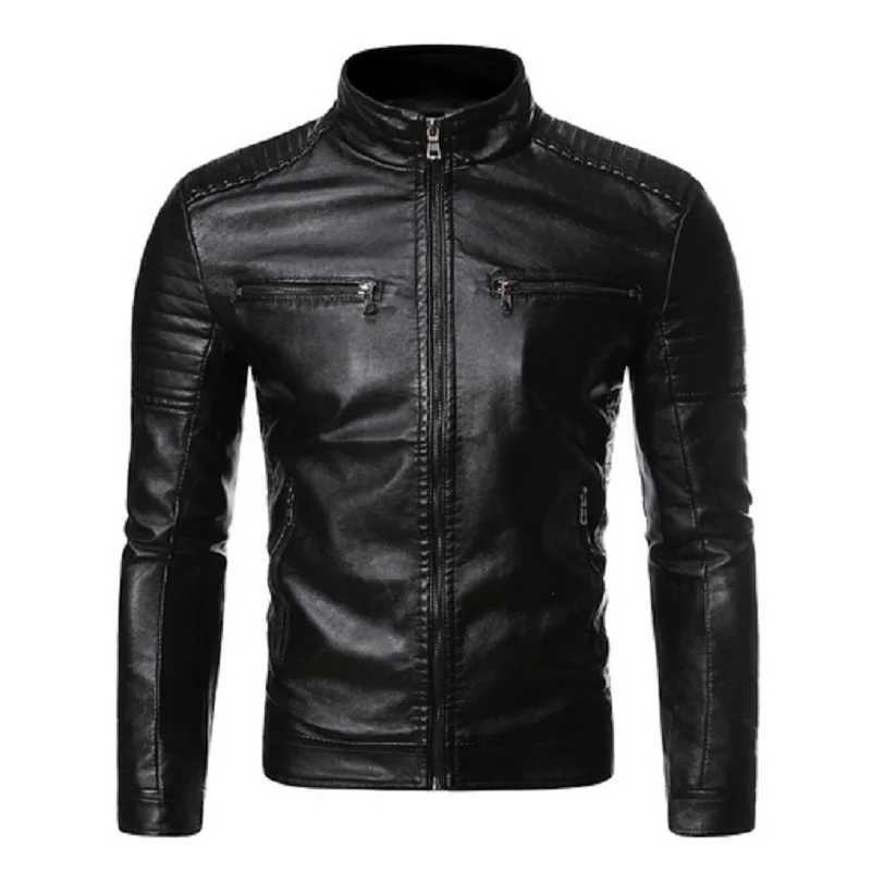 Stand Collar Motorcycle Leather Jacket Coat 2022 Autumn Winter New Mens Casual Fashion Trendy Mens Leather CoatX240913
