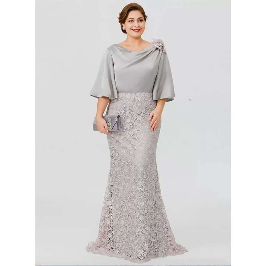 Silk Elegant Long Satin Memaid Mothe Of The Bide Desses Half Sleeves Sie Lace O Length Fomal Evening Gowns Chic Wedding Guest Dess Goom Mom Pom
