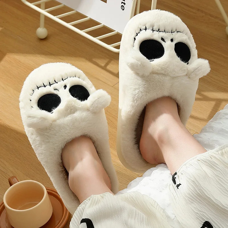 Women Halloween Gothic Home Fur Slipper Winter Plush Warm Indoor Cotton Shoes Cute Funny Ghost Skull Thick Sole Soft Slides 240911