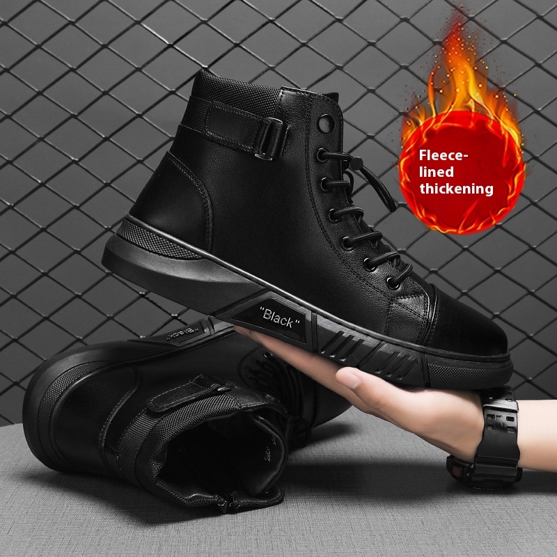 Winter New Cotton Shoes, Men's Lace up High Top Martin Boots, Youth Fashion Plush Insulation, Thick Sole Outdoor Leather Boots