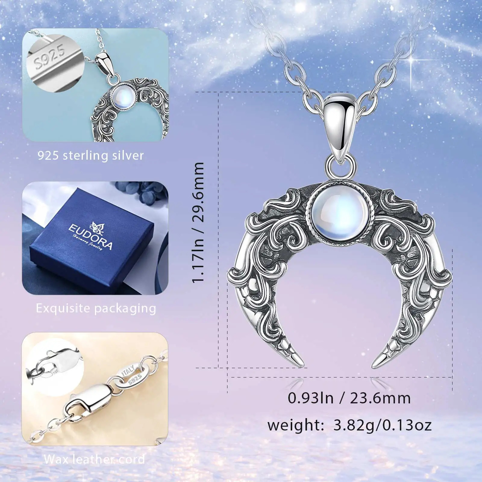 Eudora 925 sterling silver moon necklace mens retro tree of life stone amulet pendant personalized jewelry gift 240912