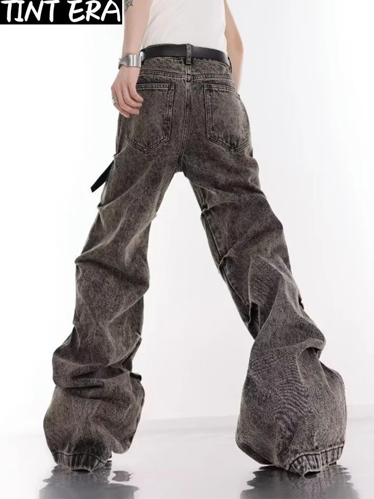 Y2K Wide Leg Jeans Men Pleated Vintage Fashion Micro Flared Denim Pants High Street Bootcut Trousers Male Stack 240912