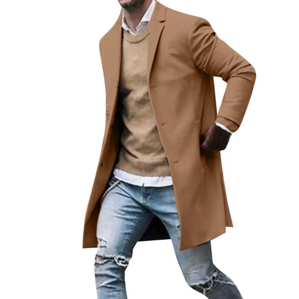 Mens Windbreaker Woolen Blend Coat Autumn Winter Fashion Solid Color Single Breasted Male Coat Large Size Casual Trench coats Y240913