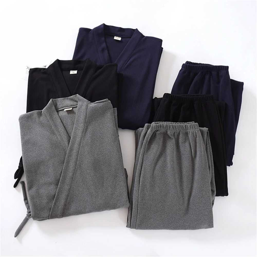 Autumn Winter Thick Mens Kimono Pajamas Suit Lace-up Yukata Tops Elastic Waist Trousers Set Home Costumes Boy Sleepwear Gift Y240913