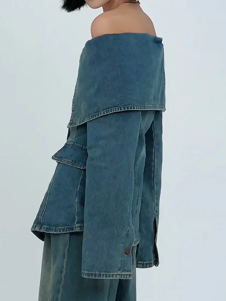 IEQJ sloping neck shoulder patch work denim jacket womens long sleeved single chest Vasilit blue jacket autumn 29L253 240906
