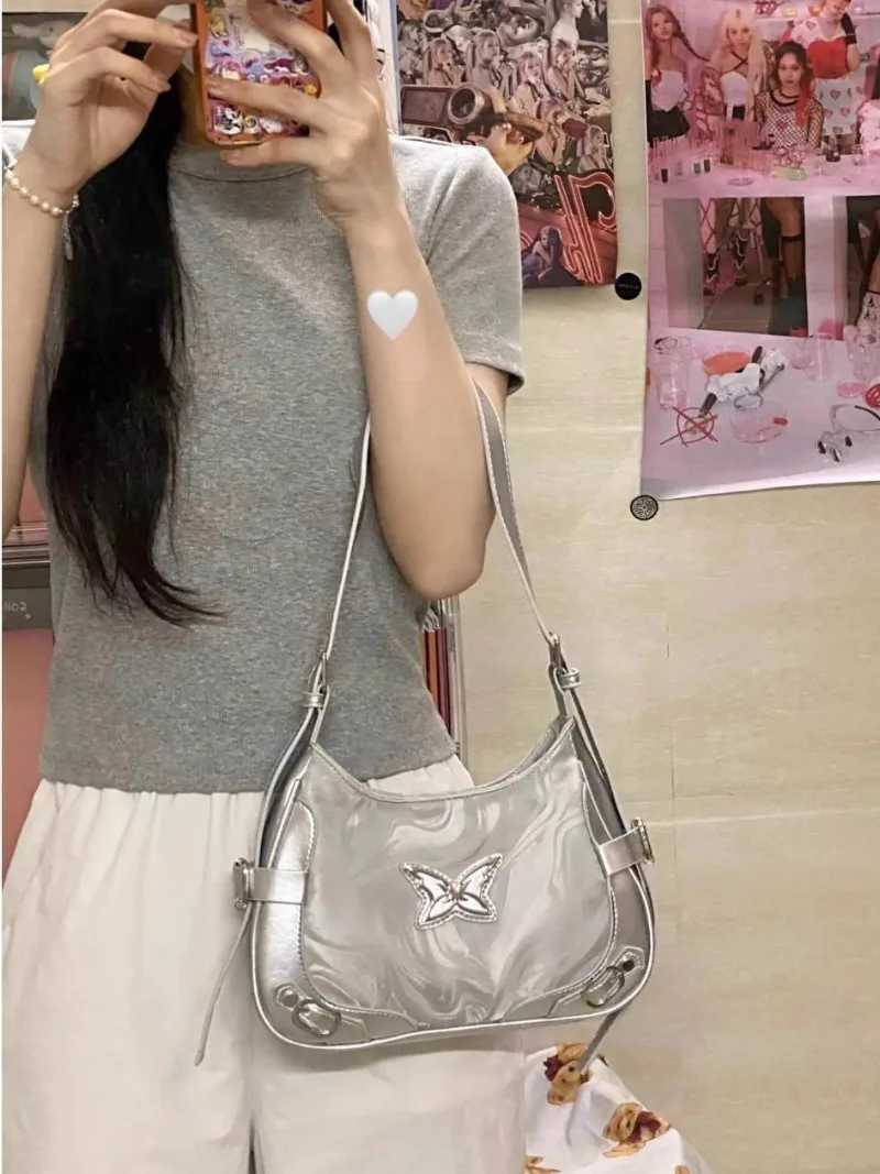 Vintage Butterfly Handbags for Women Silvery Y2k Gothic Underarm Shoulder Bag Spice Girls Fashion High Street Biker Bags 240913