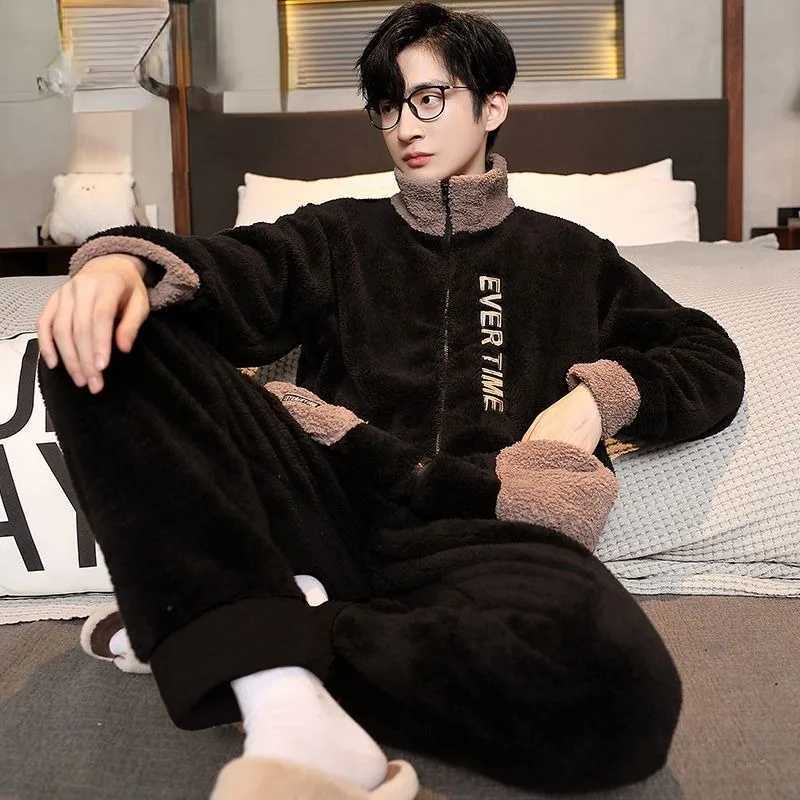 2023 New Pajamas Mens Winter Coral Fleece Nightwear Thickened Flannel Autumn Loungewear Warm Plus-size Mens Sleepwear Y240913