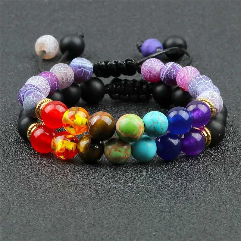 Mens 8mm natural bead bracelet with fused rock 7 chakras adjustable womens rope chain yoga couple bracelet W240913