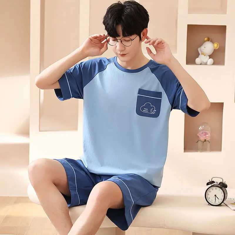 2023 Cotton Mens Pyjamas Set Summer Short Sleeve Sleeping Tops Shorts Sleepwear Young Boys Nightwear Korean Fashion Pjs Pijamas Y240913