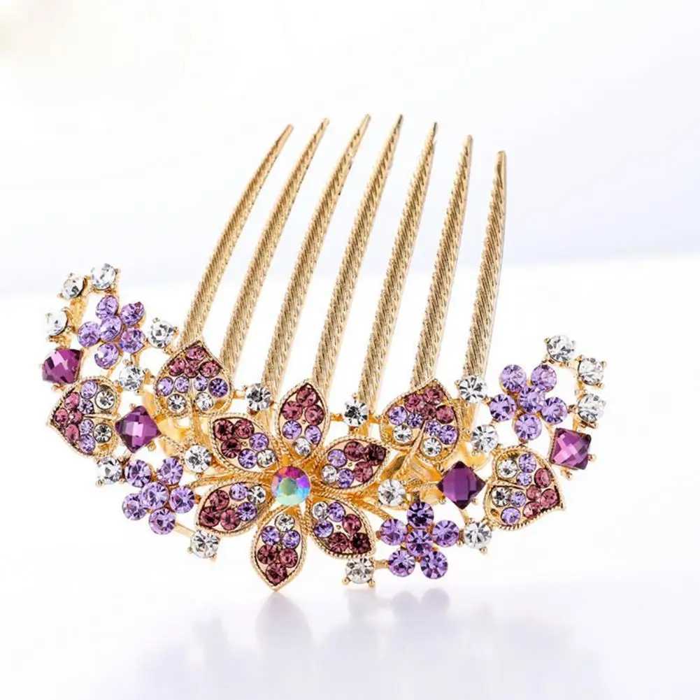 Headwear Classic Rhinestone Hollow Out Flower Colorful Hair Ornament 7 Teeth Wedding Hair Clip Sturdy for DatingX240913