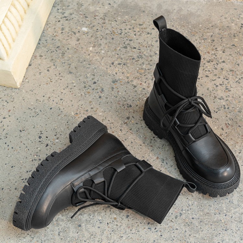 Genuine Fashin Leather Platform Fall Shoes 2021 Winter Round Toe Low Thick Heel Women Boots dc26